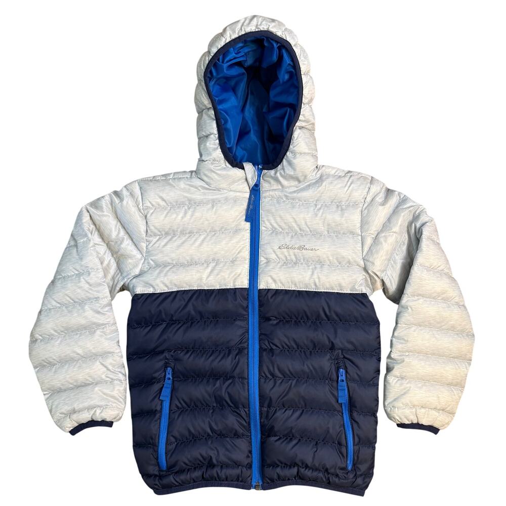 Eddie Bauer Reversible Hooded Jacket Winter Genuine Down Puffer Blue Kids XS 5/6